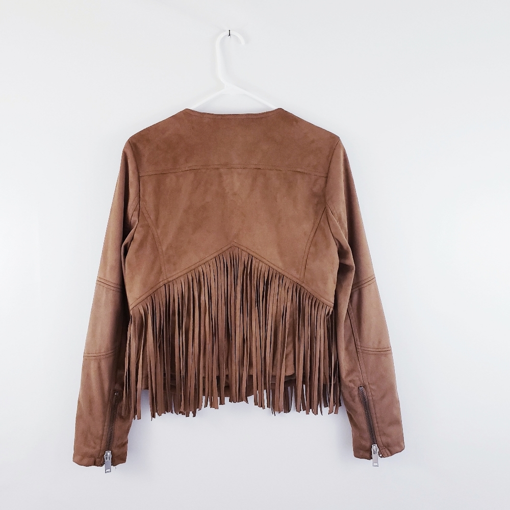 Black Rivet Stand Collar Faux Suede Fringe Jacket - Picture 5 of 8